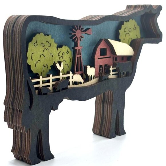 Country Farmhouse Decor Cow Farm Wood Wooden 3D Diorama Sculpture Figure New - Picture 5 of 7